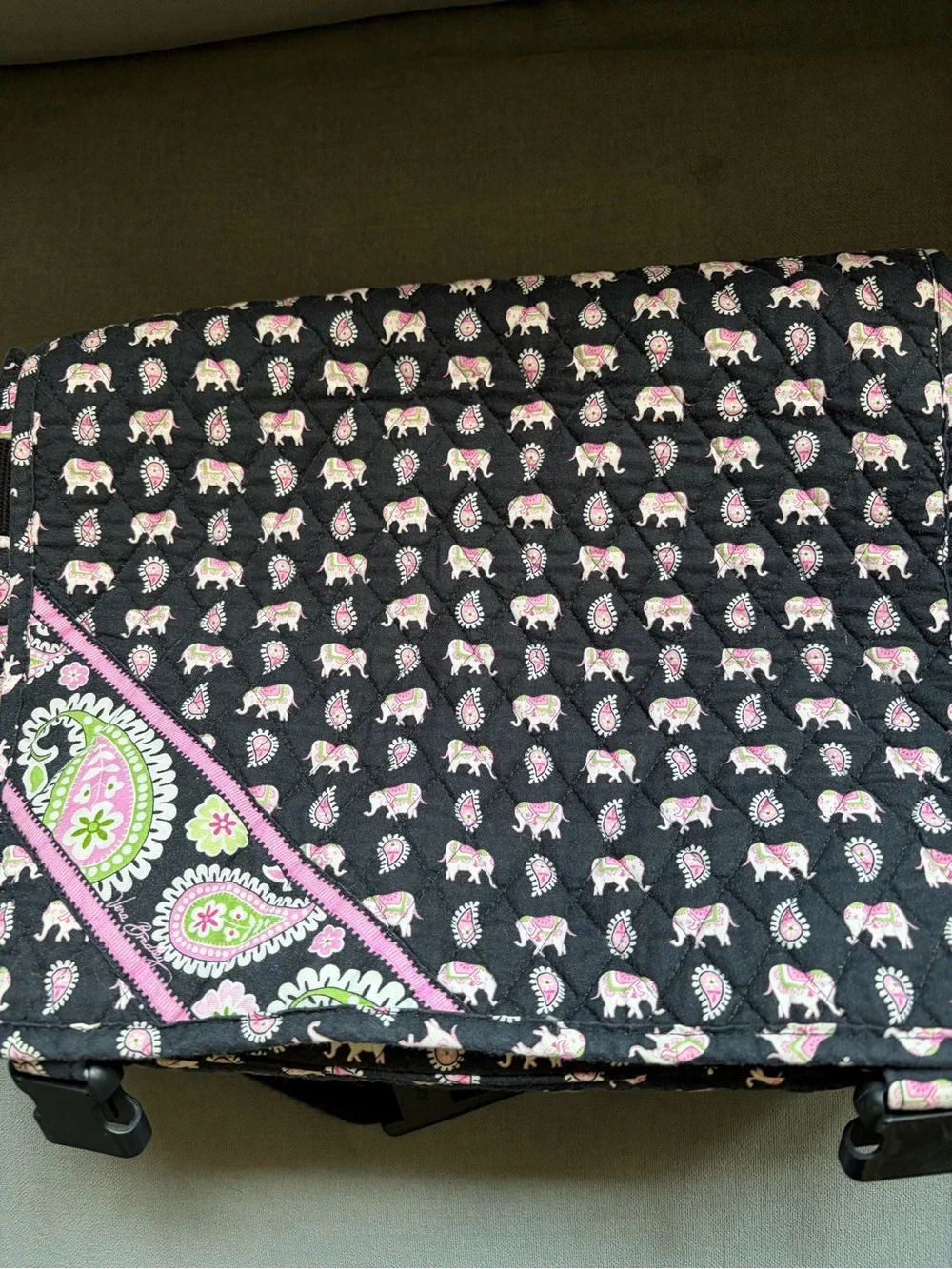 Vera Bradley Black Bag with Pink and Green Paisley Elephant Print Laptop Bag